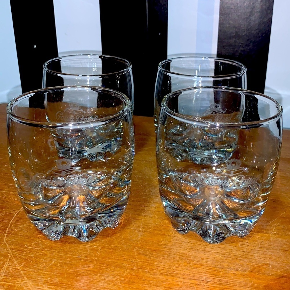 1990s Crown Royal Branded Bar 4 Glasses Etched Rocks 
Glass Heavy Bottom Barware